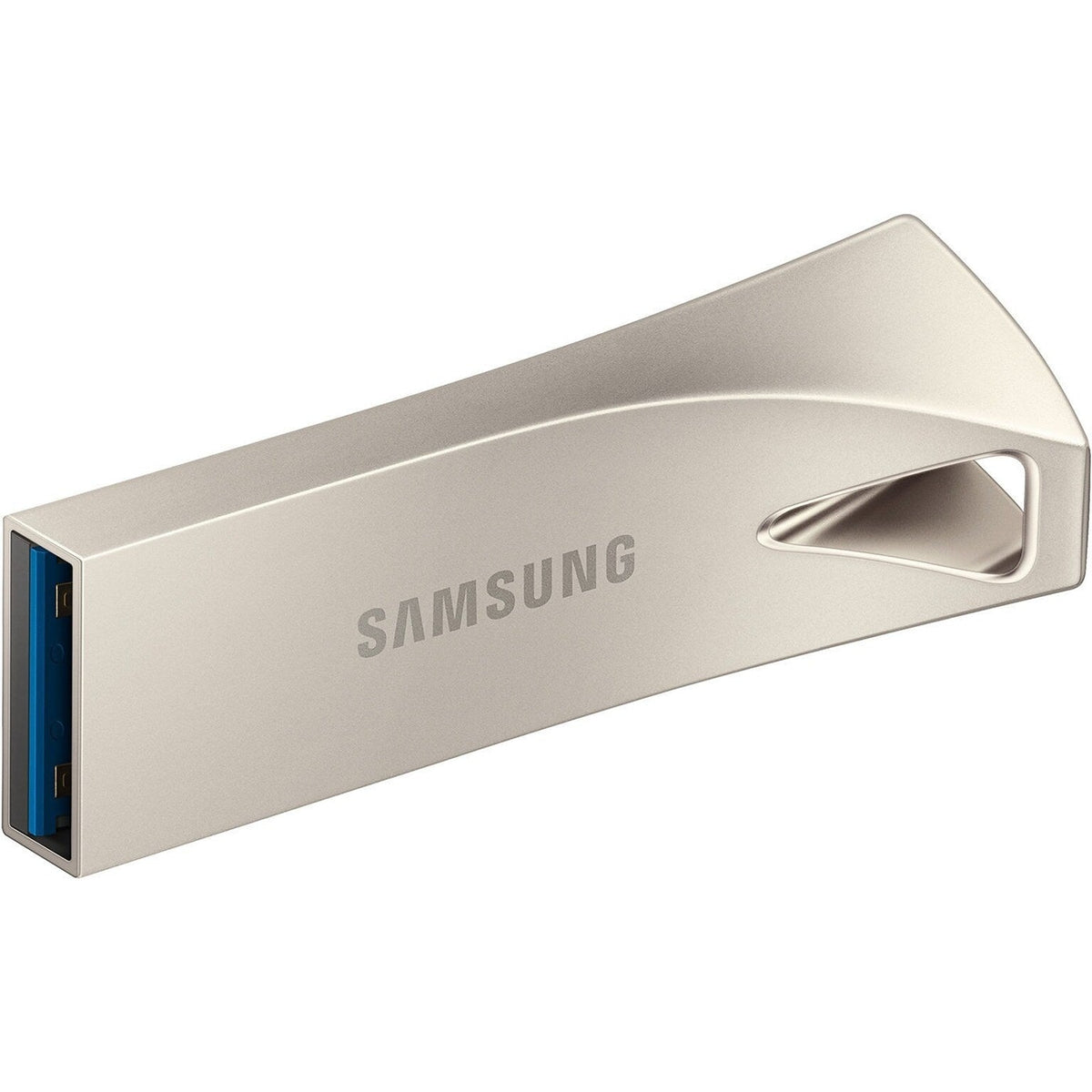 Samsung BAR Plus 64GB Silver USB-A drive close-up with keyring opening