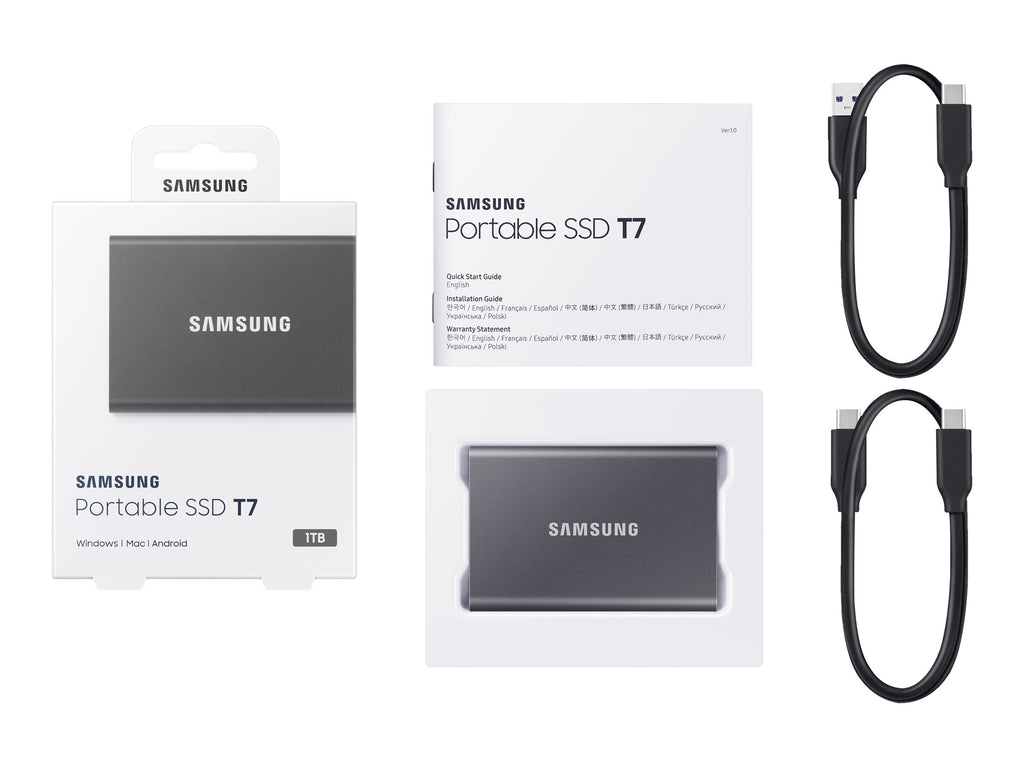 Samsung T7 SSD 1TB Titan Gray with original retail box and package contents