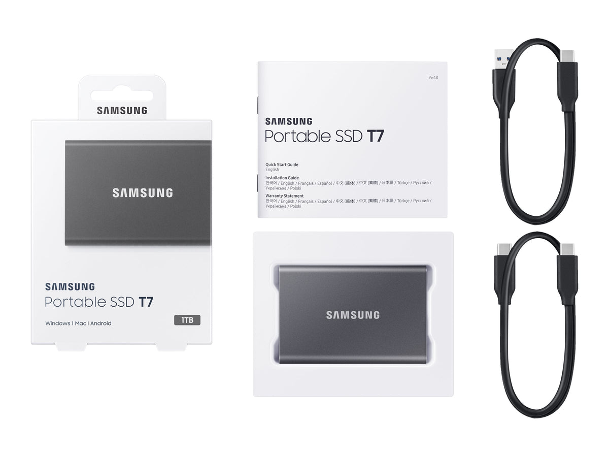 Samsung T7 SSD 1TB Titan Gray with original retail box and package contents