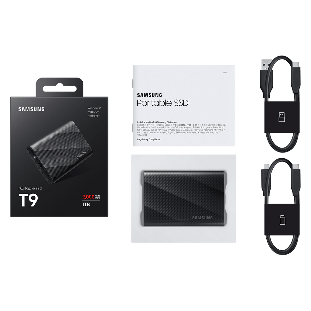 Samsung T9 Portable SSD 1TB with retail packaging and cables