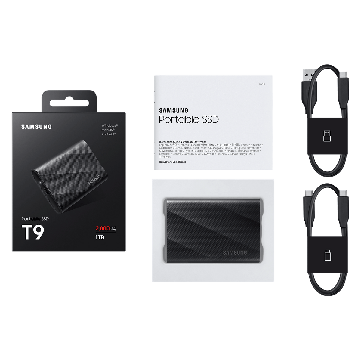 Samsung T9 Portable SSD 1TB with retail packaging and cables