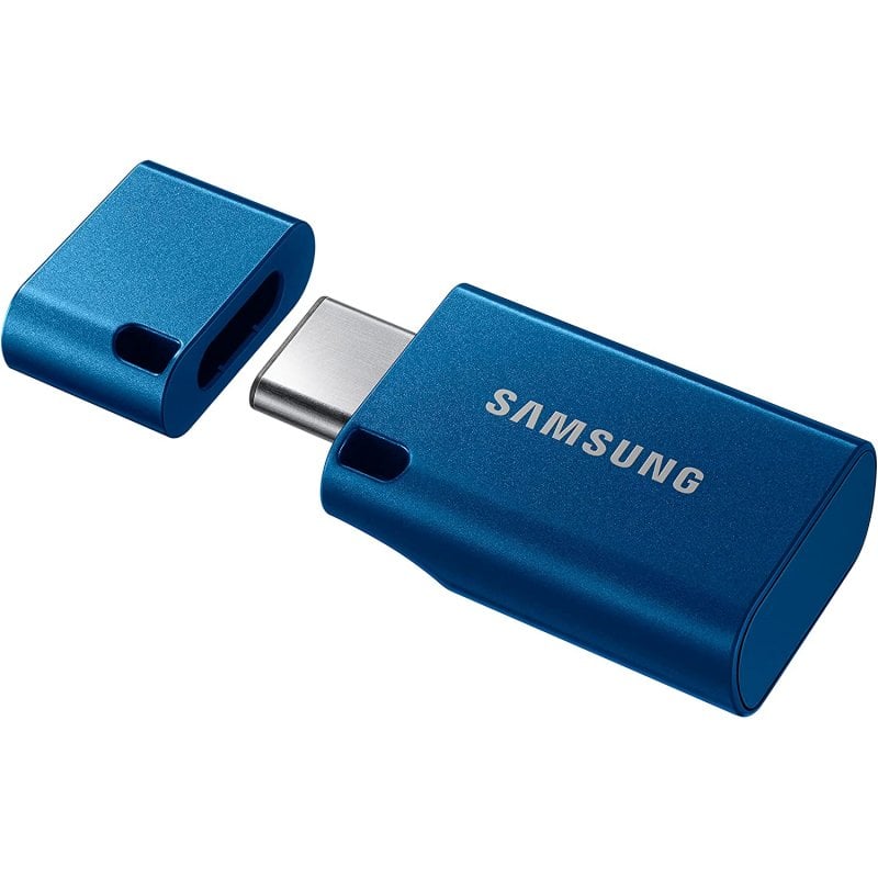 Samsung USB-C 64GB Blue flash drive with removable cap and connector exposed