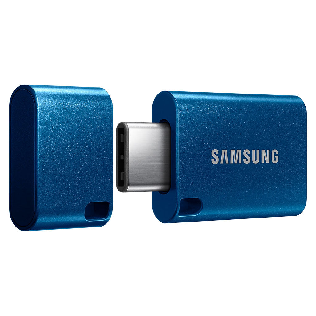 Samsung USB-C 64GB Blue flash drive and protective cap from alternative view